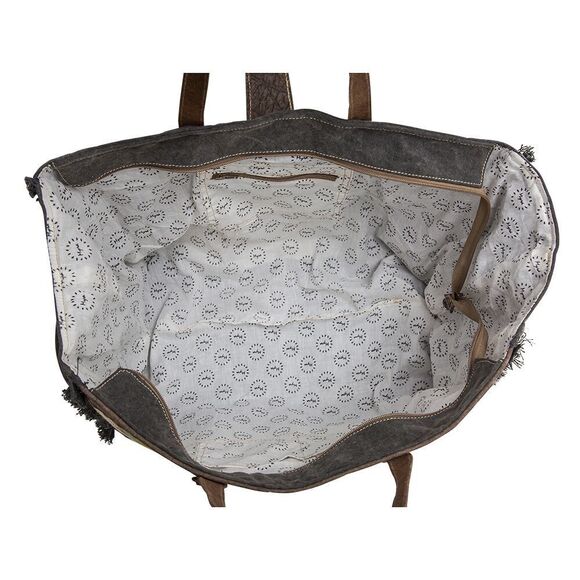 Myra Bag Handmade Flatey Weekender Bag Upcycled Canvas & Cowhide Leather - Picture 7 of 9